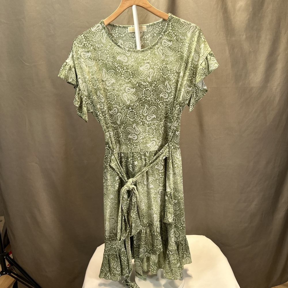 Michael Kors Womens Green Paisley Ruffle Hem Tie Waist Dress Size M Short Sleeve